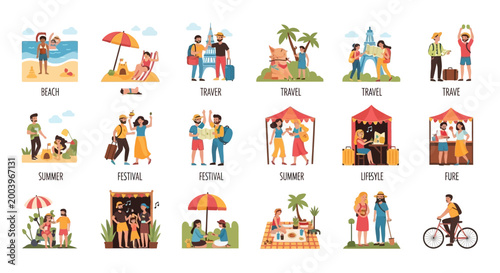 Set of flat vector illustrations depicting summer people engaging in various activities such as beach outings, travel adventures, and festival celebrations against a clean white background