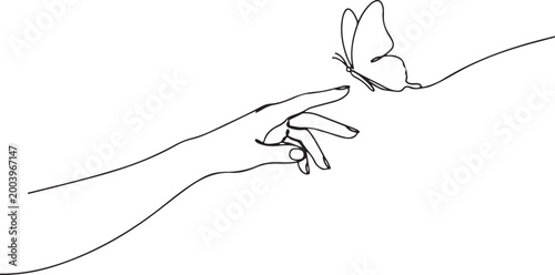 Hand gently touching a butterfly illustration Continuous Line Art Vector Illustration
