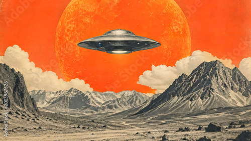 Retro UFO Over Glowing Alien World