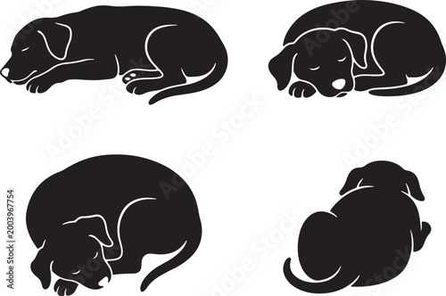 sleeping dog silhouette icons set side, front, back, and top views vector art illustration