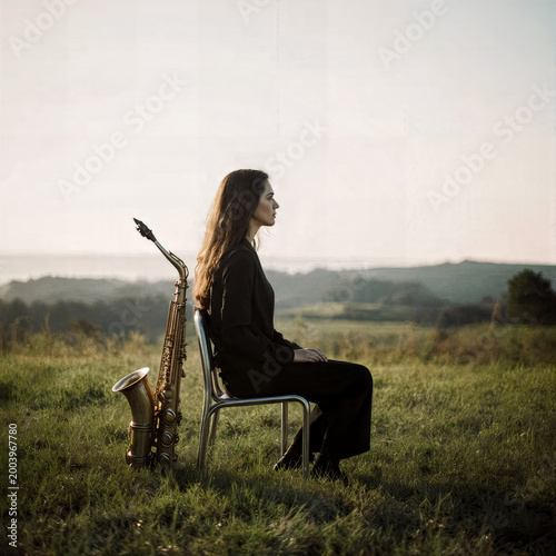 A woman in a black outfit sits in profile on a simple metal chair in a sunlit grassy field, her saxophone leaning against her. The serene, hazy landscape stretches behind her, evoking a moment of quie