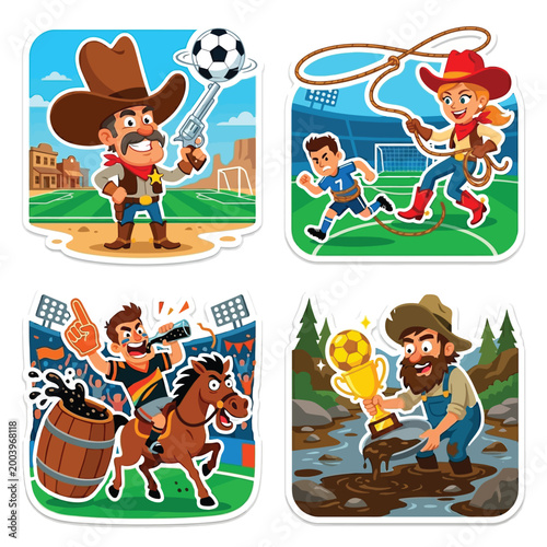 Sheriff confidently spinning black and white soccer ball on tip of shiny silver revolver pistol alongside cowgirl using long leather lasso to aggressively pull runaway striker to field.