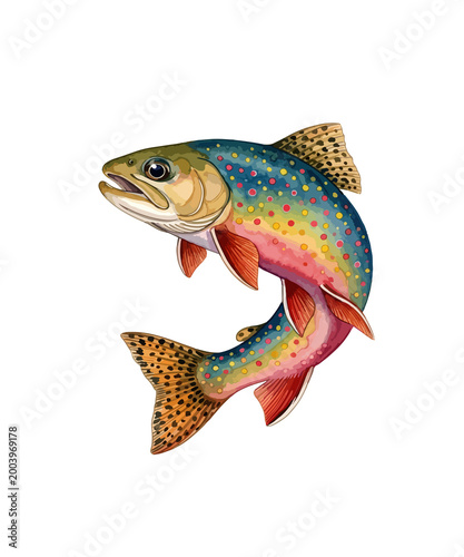 Принти на полотні Brook trout illustration with vibrant spots, jumping freshwater fish jumping on