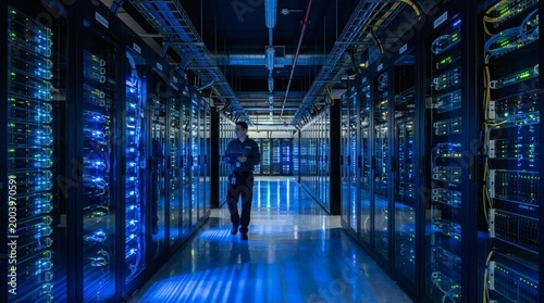 Man walks through a modern data center with rows of servers
