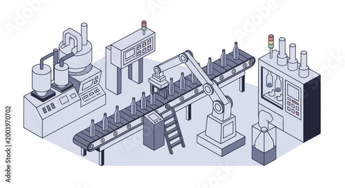 Automated Bottling Plant Production Line Isometric Illustration.