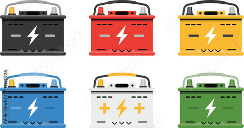 Car and vehicle batteries flat vector, set of colorful battery icons showing different power levels for automotive and vehicle energy system concepts.