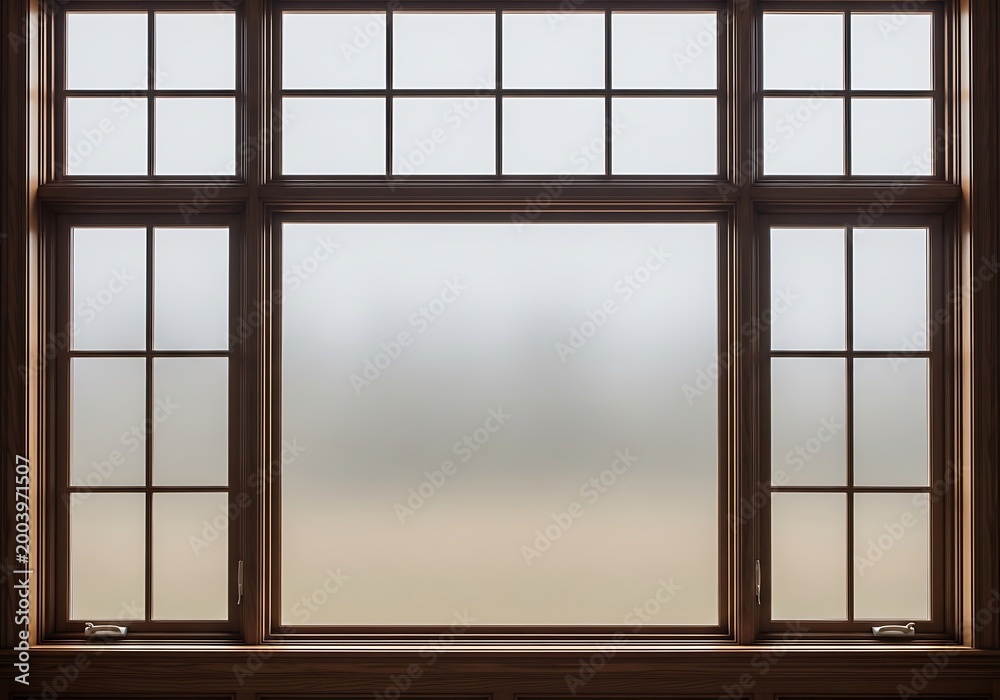 Fototapeta premium Large wooden window frame with frosted glass and transom panes