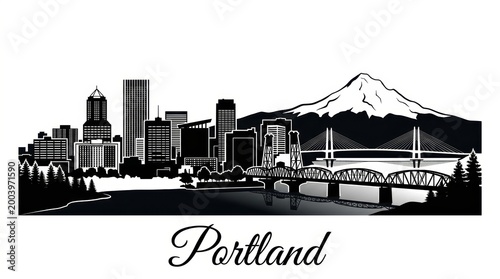 Silhouette skyline of Portland featuring bridges, Mount Hood outline, and modern downtown buildings. No people. Clean design. Bottom: 