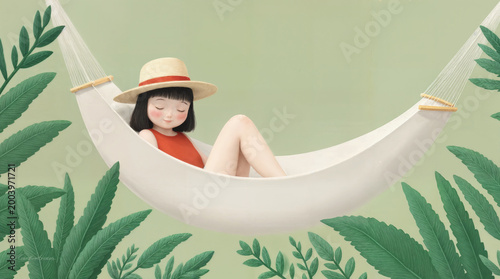 A serene, cartoon-style girl with closed eyes, wearing a straw hat and red top, peacefully rests in a white hammock suspended amidst lush green ferns against a soft, muted green background. The tranqu