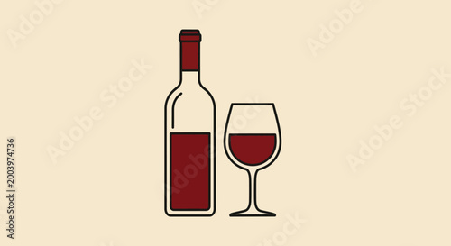 wine bottle and glass illustration on beige background
