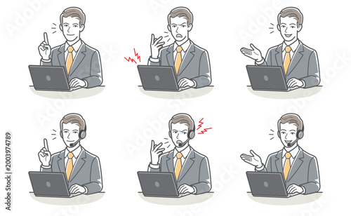 ビジネスマンの表情・ポーズのバリエーションセット（パソコン操作・ヘッドセット・注意・警告・案内）