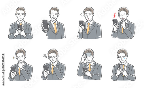 ビジネスマンの表情・ポーズのバリエーションセット（スマートフォン提示・画面を見せる・驚き・絶望・悲しみ）
