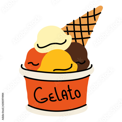Colorful Italian gelato ice cream in orange cup with vanilla, chocolate and fruit scoops and waffle cone. Hand drawn summer dessert illustration for cafe menu and food design projects