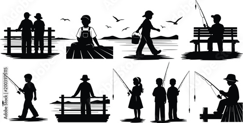 Foto Children fishing silhouette collection by lake with rods pier and nature scenery