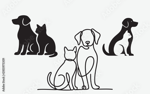 Fotografie cat and dog line art, silhouette, negative space single SET COLLECTION logo icon
