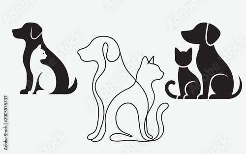 cat and dog line art, silhouette, negative space single SET COLLECTION logo icon design