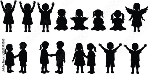 Quadro su tela Children silhouettes set featuring kids playing sitting angel wings handshake st