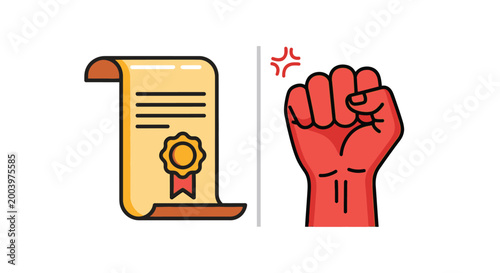 certificate and raised fist vector illustration on white background