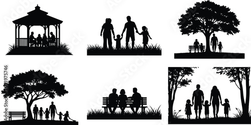 Family silhouettes in park scenes, parents and children bonding, outdoor lifestyle concept, love and togetherness, nature background, black illustration collection set