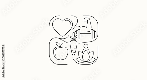 line art design featuring heart apple carrot dumbbell and lotus