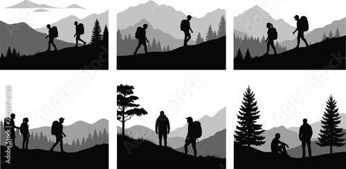 Hiking silhouettes in mountain landscape set, backpackers exploring nature, adventure travel concept, outdoor trekking scenes, black illustration collection for wilderness design