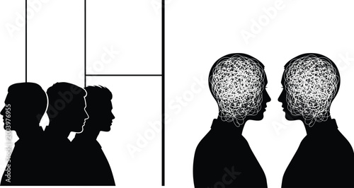 Human head silhouettes with abstract brain network connection, communication concept, psychology and technology idea, thinking process, mental connection, black illustration isolated design
