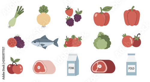 Assortment of Fresh Fruits, Vegetables, Meats, and Dairy Products.