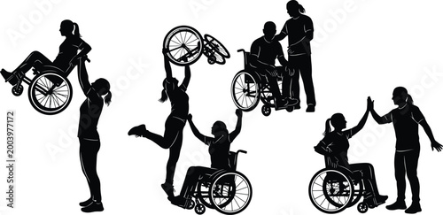 Inclusive people silhouettes with wheelchair support and interaction, disability assistance concept, active lifestyle and empowerment, black illustration isolated accessibility design set