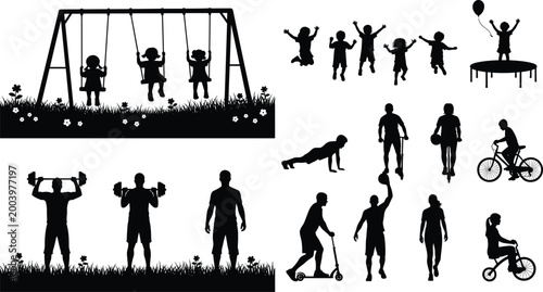 Kids playground and sport silhouettes collection, children playing, jumping, cycling, fitness activities, outdoor lifestyle set, black illustration isolated for recreation design