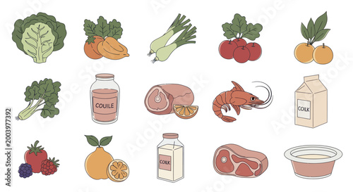 Assortment of fresh healthy food items including vegetables, fruits, and proteins.