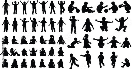 Kids silhouettes collection set, children sitting, playing, jumping and running poses, childhood activity bundle, black illustration isolated for design resources