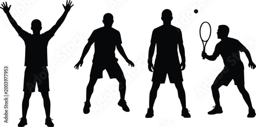 Male sport silhouettes collection, tennis player and fitness poses, active lifestyle concept, athletic movement, black illustration isolated for training design