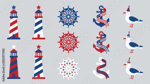 Vintage nautical icons featuring lighthouses ships wheels seagulls and anchors patriotic design style