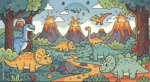 Cartoon Dinosaurs Roaming Prehistoric Landscape with Volcanoes and Lush Vegetation.