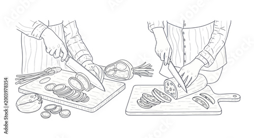 Chef hands slicing vegetables on cutting board with knife.