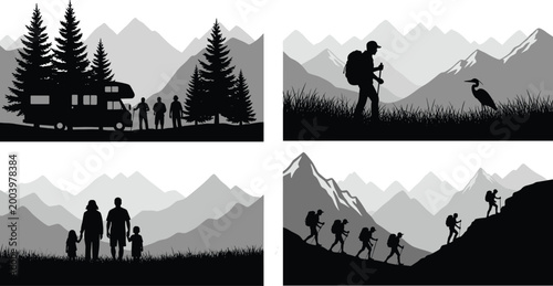 Outdoor adventure silhouettes set featuring camping family hiking trekking mountain landscape nature travel exploration lifestyle concept illustration collection