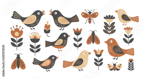 Collection of charming folk art birds, moths, and flowers in a delightful style.