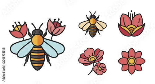 Collection of colorful bee and flower illustrations, perfect for spring and nature themes.