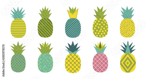 Collection of Colorful Stylized Pineapple Fruits with Various Patterns.