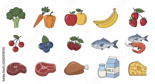 Collection of fresh healthy food items including fruits vegetables meat and dairy products.