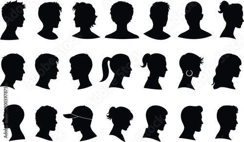 People profile silhouettes collection with diverse men and women hairstyles head portraits isolated on white background illustration set