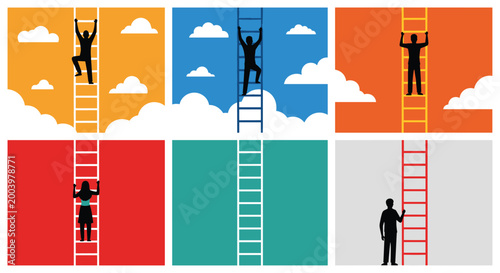 People climbing ladders toward sky in colorful panels symbolizing ambition, success, career growth, opportunity, leadership, and personal development concepts