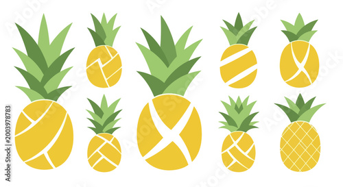 Collection of Fresh Ripe Yellow Pineapples with Green Leaves.