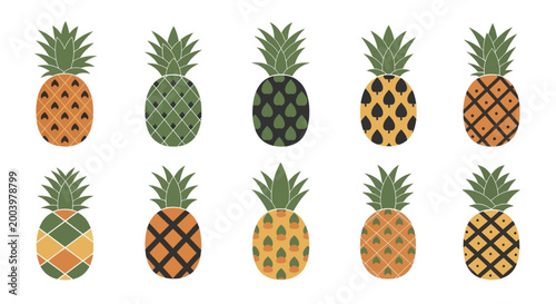 Collection of Fresh Ripe Pineapples with Unique Patterns and Textures.