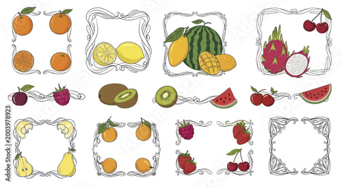 Collection of hand drawn fruit frames and borders with various fresh fruits.