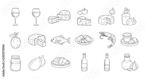 Collection of Hand Drawn Mediterranean Food and Drink Elements.