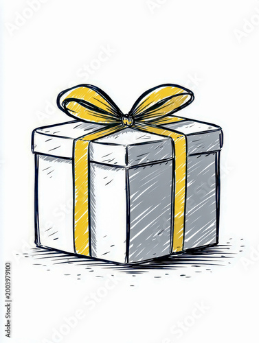 Hand-drawn illustration of a square gift box wrapped with a golden ribbon and bow on a white background with a sketch style effect