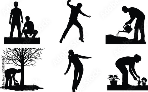 People silhouettes gardening and daily activities set, planting, watering, dancing poses, lifestyle concept, black illustration isolated design collection