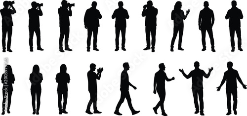 People silhouettes collection with photographers business persons walking standing and gesturing poses isolated on white background set