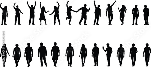 People silhouettes walking and dancing collection, casual lifestyle poses, social interaction concept, diverse men and women, black illustration isolated design set